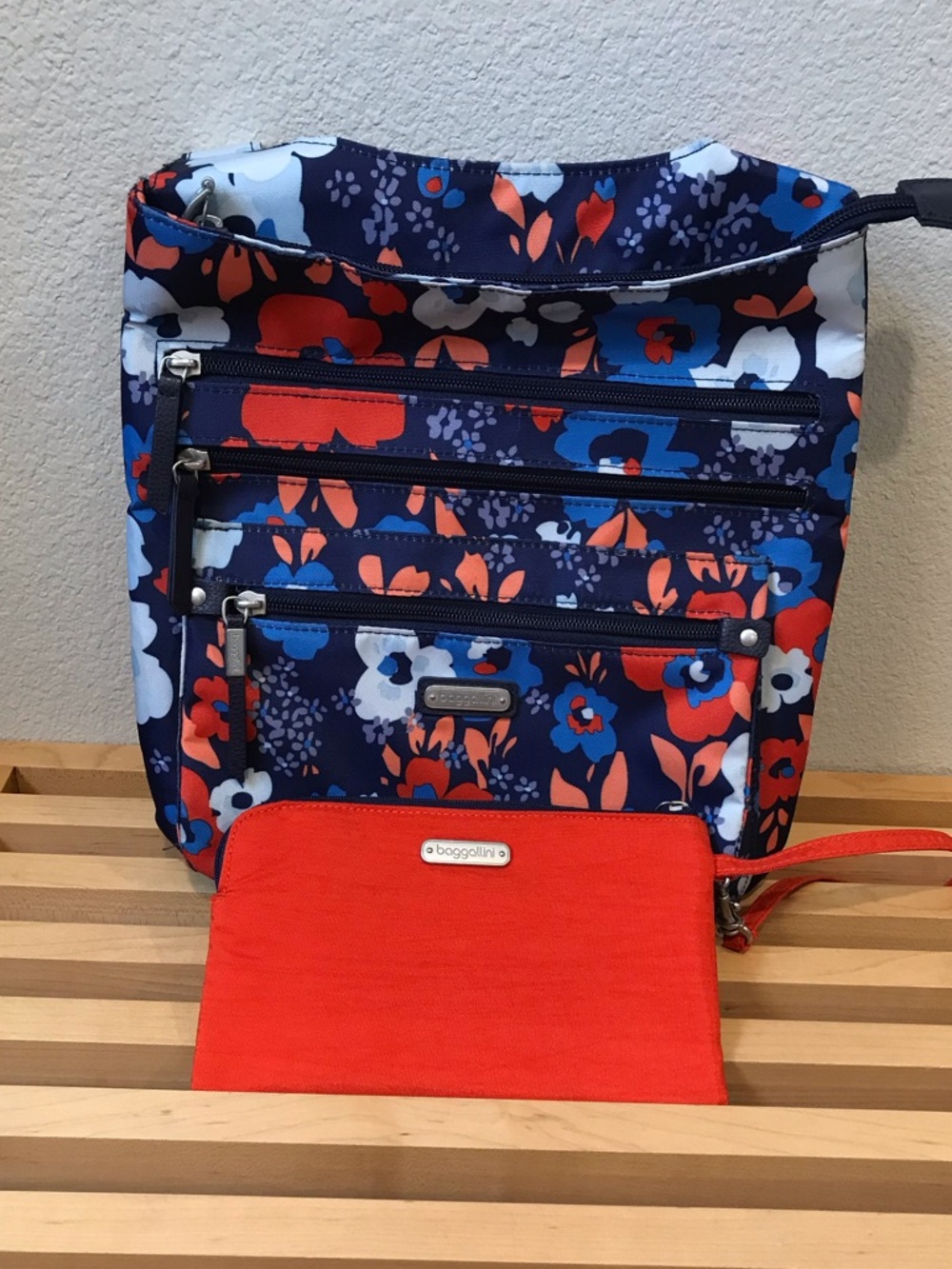 Baggallini Navy Floral Crossbody with Red Wristlet